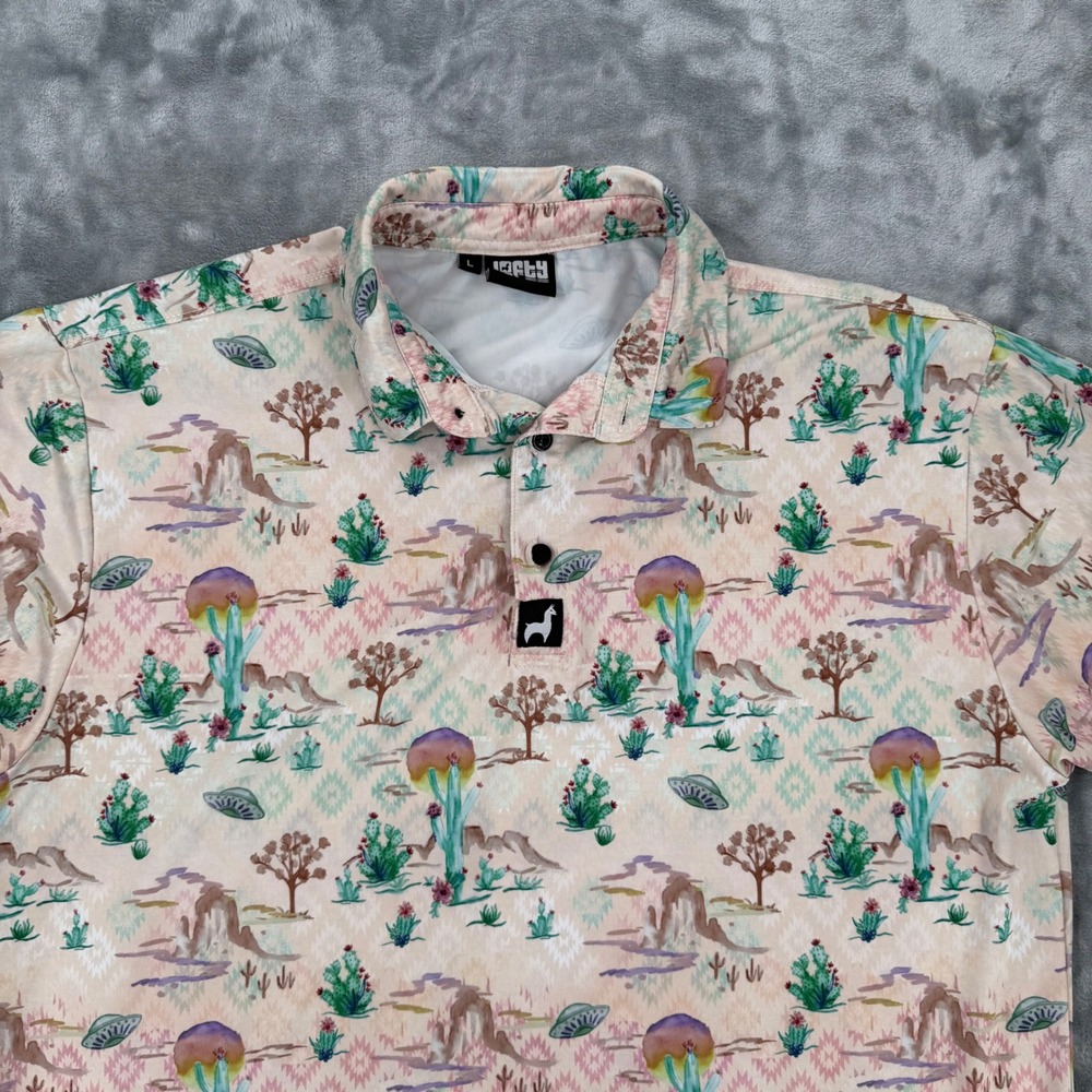 Lofty Llama Mens Large Desert UFO Cactus Print Performance Golf Polo Shirt